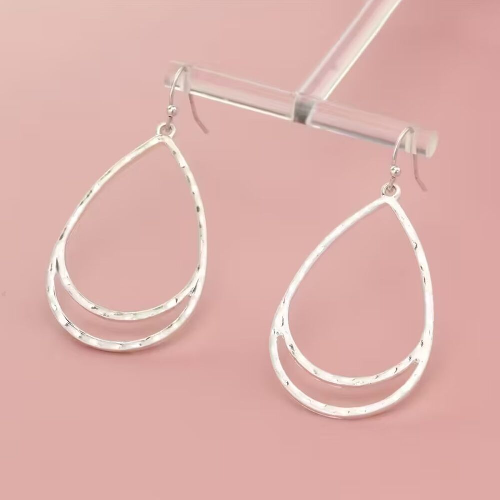 Silver Open Double Teardrop Pendant Drop Earrings Textured Dangle Charm Lghtwt